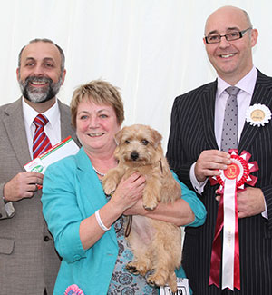 Miss J Phillips Blakens Tootie Fruitie with puppy group judge Mr J Barney & Mr A Bongiovanni (Royal Canin)