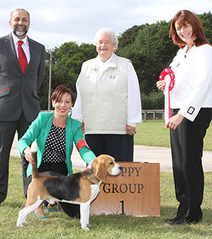 Miss M Spavin Dialynne Peter Piper with puppy group judge Mrs D Stewart-Ritchie, Mrs M Nixon (Committee) & Mr A Bongiovanni (Royal Canin) 
