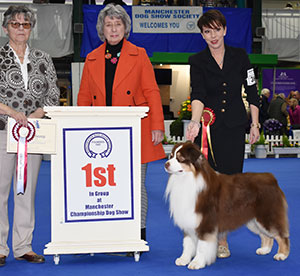 Kirtley, Eredesz, Shaw, & Raymond AKC ASCA UK Ch Wyndstar Magic Marker (Imp USA) with group judge Mrs F Kaye & award presented by Mrs N Gregory 