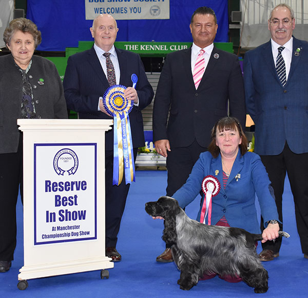 Miss S J Whiting Sh Ch Annilann Miss Zing JW with BIS judge Mr D Guy & Mr P Harding (Secretary), Mr S Atkinson (Chairman) & Mrs V Foss (President)