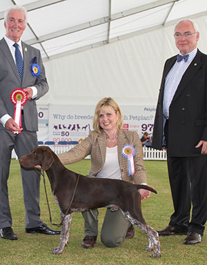 Mr & Mrs M L & H J Hopkins Seasham Don't Stop Me Now with puppy group judge Mr S J Mallard & Mr W Browne-Cole (Chairman)