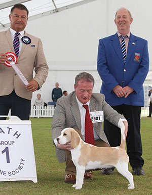 Mr D R Craig Davricard Honeybee with puppy group judge Mr P Harding & Mr C Pascoe (Committee) 