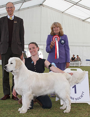 Mrs N V Vermander & Mrs T A Adam Quite Some Legend Of Sunshine's Valley with puupy group judge Mrs S Garner & Mr C J Laurence (President) 