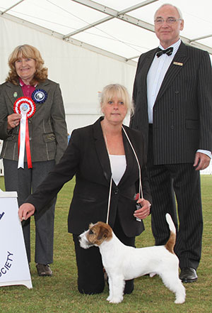 Mr J Averis & Mr A Barker Saredon Jack The Lad with puppy group judge Mrs S Garner & Mr W Browne-Cole