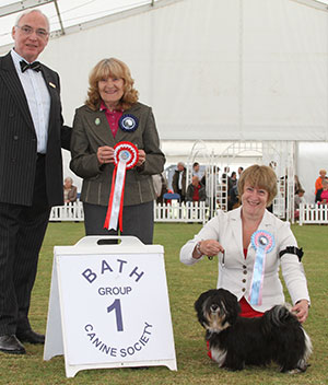 Mrs J Fitzgerald Immelion Galactica For Beaugem with puppy group judge Mrs S Garner & Mr W Browne-Cole (Chairman)