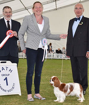 Mrs M Chapman & Miss T Ireland Ellemich Poeme with puppy group judge Mr P Wilkinson & Mr W Browne-Cole (Chairman) 