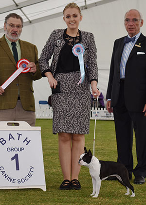 Mrs & Miss L Dearn Roxxilu Here Comes Trouble with puppy group judge Mr P Wilkinson & Mr W Browne-Cole (Chairman)