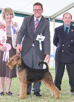 Mr M F Fernandez & Mr C J Purnell Jokyl Gold Star with puppy group judge Mrs V Phillips & Mr L Hunt (Committee)