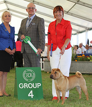 Miss S E Sutherland Witchgait Secret Keepsake with group judge Mr M James & Mrs A Dixon (Committee) 