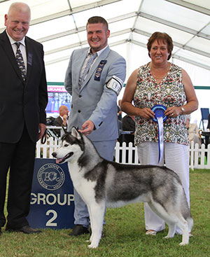 Mrs P Taylor & Mrs H Taylor-Morris Ch Siberiaskye Brite Borealis Of Pelenrise JW Sh CM with group judge Mr R Searle