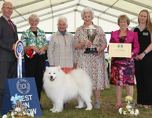 Mrs V Freer & Mrs S Smith Ch Nikara Diamond Dancer JW with BIS judge Mr G B Roberton, Mrs S Duffin (Secretary) & Mrs J Iles-Hebbert (President) 