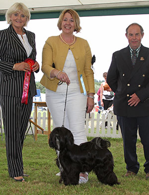 Mr & Mrs J & A Honey Kyhibrang Queen Of The Straits with puppy group judge Mrs E P Hollings & Mr L Hunt (Committee)