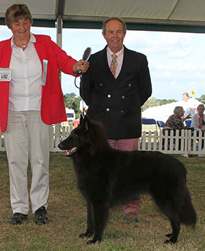 Mrs A Wiffen, Ms N Mackie & Mrs L Lester Kyros De Bruine Buck with puppy group judge Mr M Vine & Mr L Hunt (Committee)