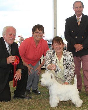 Miss M Burns & Mrs A Burns Mrs A Burneze Wild At Heart with puppy group judge Mr J Luscott & Mr L Hunt (Committee)