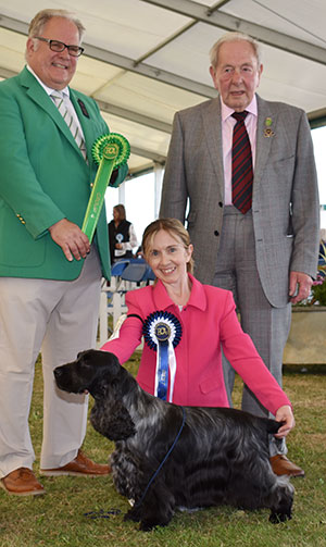 Miss S Amos-Jones Sh Ch Veratey Vincenzo At Cassom JW with group judge Mr T Johnston & Mr J Farrant (President) 