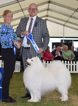 Mrs V Freer & Mrs S Smith Ch Nikara Diamond Dancer JW with group judge Mr M James 