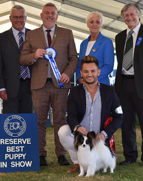 Mrs I & Mr G Robb Gleniren Who's Your Daddy with BPIS judge Mr L Cox, Mr D Creech (Treasurer) & Mrs A Dixon (Group Steward) 