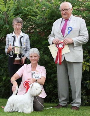 Mrs V Smith Ch Faymar Fine Romance with group judge Mr P J Greenway & Mrs K Irving (committee)