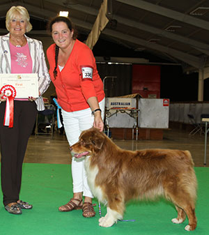 Ms E L Alder & Mr Haste Jacanshe Harvest Time With Aussiame Sh CM with veteran group judge Mrs E Stannard 