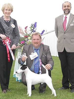 Mr A J & Mrs M Brookes Zetamaz Frostbite with puppy group judge Mrs A E Macdonald & Mr A Bongiovanni (Royal Canin) 