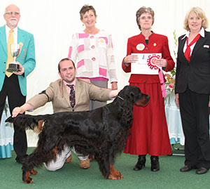 Alcorn, Baddeley, Crowther, & Swan Sh Ch Lourdace Fulcrum JW with group judge Miss R A Johnson, Mr T Pearson (Committee) & M Masterman (Royal Canin)