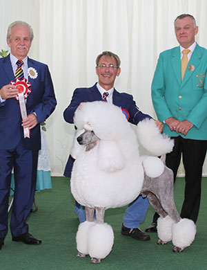M Nilsson Ch Afterglow Tyrone Power with group judge Mr S W Hall & Mr E M Paterson (Treasurer)