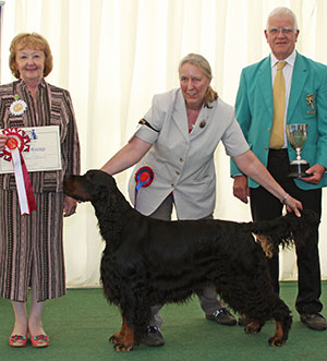 Dr M & L Ivaldi Sh Ch Int Ch It Ludstar Frederick Frankenstein with group judge Mrs S Bunting & Mr M G McBeth (Committee) 