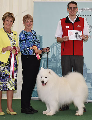 Mrs V Freer & Mrs S Smith Ch Nikara Diamond Dancer JW with veteran group judge Mrs J A Ward & Mr J Wolstenholme (Royal Canin) 