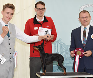 Mrs H J Haffenden Nasabe Lily Marlene with puppy group judge Mr F Whyte & Mr J Wolstenholme (Royal Canin)