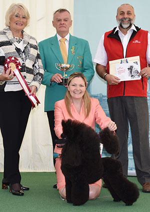 Miss M Harwood Ch Minarets Best Kept Secret with group judge Mrs E Stannard, Mr E M Paterson (Treasurer) & Mr A Bongiovanni (Royal Canin) 