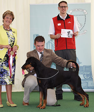 Mrs J A Ingram & Miss V L Ingram Ch Tronjheim Belladonna From Jojavik JW Sh CM with veteran group judge Mrs J A Ward & Mr J Wolstenholme (Royal Canin)