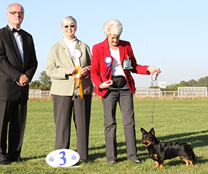 Mrs J Huck Ch Leyeside Miss Bonnie with group judge Mrs P Chadwick & Mr M Lancashire (Show Manager)