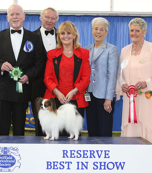 Mrs I & Mr G Robb Ch Gleniren Shootin Starmaker Sunshoo with BIS judge Mr J Bispham, Lady Kirkham, Mr J Clancy (Committee) & Mrs R Parry (Toy group judge) 