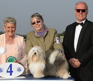 Mr & Mrs P J Clayton Ch Larwinsca Lady Guinevere with group judge Mrs R Parry & Mr M Lancashire (Show Manager) 