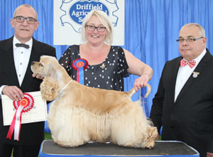 Miss L Sunter, Mrs A Sunter & Miss Pinchen Miss Mycalleys Kennedy JW Sh.CM with group judge Mr J Daltrey & Mr C Woodward (Asst Show Manager) 