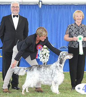 Mrs A Phillips, Mrs K L BryantL & Ms T Watkins Sh Ch Wansleydale Star Queen Of Glenmaurangi with group judge Mrs S Bunting & Mr C B Bexon (Asst Sec)