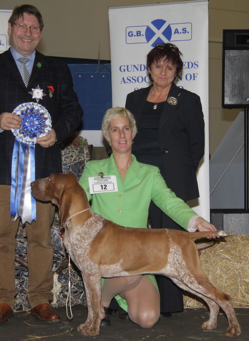 Miss E Towns & Mr G Lay Altea De Arte Venandi with BPIS judge Mr F W Bjerklund & Mrs I Glen (Committee) 