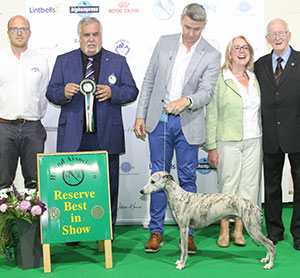 Mr R Wheeler Ch Mythic Balder Des Plaines Des Bruyeres Avec Ran with group judge Mr K Sinclair, Mrs R Barney (Committee) & Mr K Cadmore (Dorwest) 