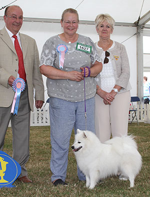 Mrs T Pittock Itoshi Toto Kijutsu At Cheechako (ai) (Imp) with puppy group judge Mr kK Nathan & Miss A Summers (Vice Chairman) 