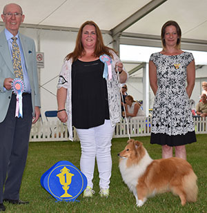 Mrs A A Stafford Rannerdale Showmaster with puppy group judge Mr A Wight & Ms M Medlam (Treasurer) 