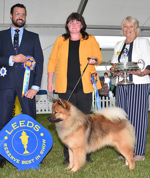 Miss S Watkins Jun Ch Albionspitz Blue Moon Bjw18 Bw19 Ww18,jww18 with BIS judge Mr M Cocozza & Mrs E Stannard (Secretary)