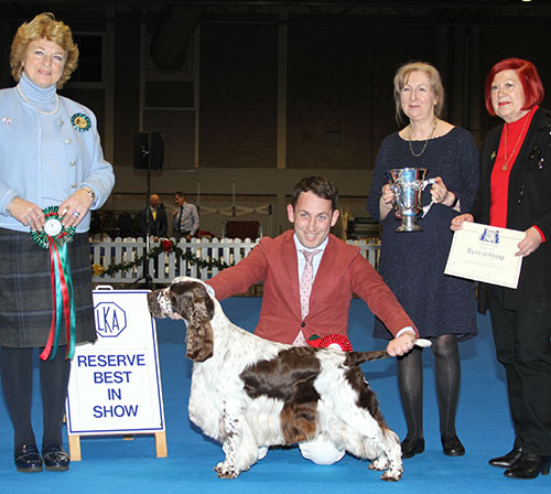 Mr E Casey & Mr C Cavallo Aust Supreme Ch Sh Ch Sandicam The Look Of Love with BIS judge Mrs R Spore-Willes & Mrs J Thomson (Committee)