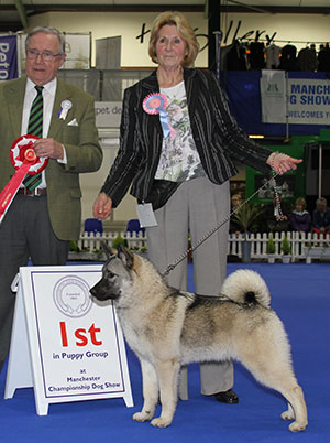 Mrs J E Cowper & Ms B F Cowper Kestos Nimrod Of Rothenborg with puppy group judge Mr R Irving