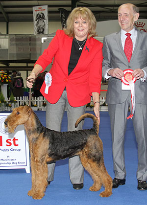 Mr N & Mrs H Toulson Toulsyork Only Olga with puppy group judge Mr C Mackay