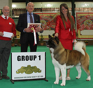 Mr F Birkmar Nord Int Ch World Am Estava Rain Only Style Remain with group judge Mr K R Newhouse & Mr P Galvin (Royal Canin)