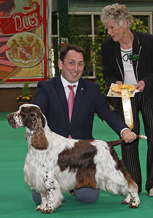 Mr E Casey & Mr C Cavallo Aust Supreme Ch Sh Ch Su (u) Ch Ir Ch Sandicam The Look Of Love with group judge Mrs A Webster