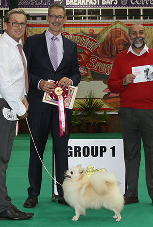 Mr G Pearce & Mr D Francis Ch Longsdale's Jen You Win JW Sh.CM with group judge Mr M Gadsby & Mr A Bongiovanni (Royal Canin)