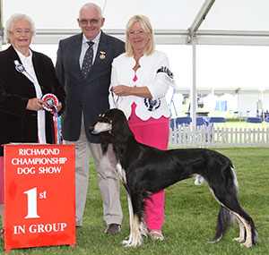 Mr A & Mrs J Glaister Ch Classicus Cassander JW Sh.CM with group judge Mrs M M Nixon & Dr R James (Secretary)