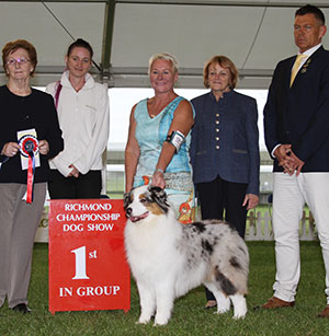 Mr N & Mrs A Allan & Mr A Winfrow Allmark The Sequel JW with puppy group judge Mrs S M Marshall, Mr D Clarke (Chief Steward) & J Buttle Plush Puppy 