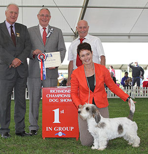Mrs S Robertson & Mrs W Doherty Ch Soletrader Magic Mike with group judge Mr G Hill, Mr N Bryce-Smith (Chairman) & Mr P Galvin (Royal Canin) 